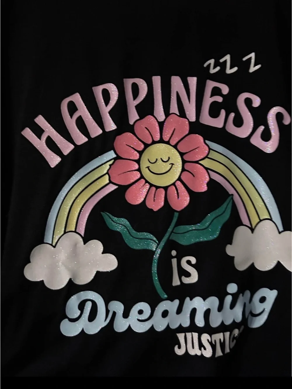 Justice Black Pajama Set with Pink, Yellow and Green Rainbow Flower